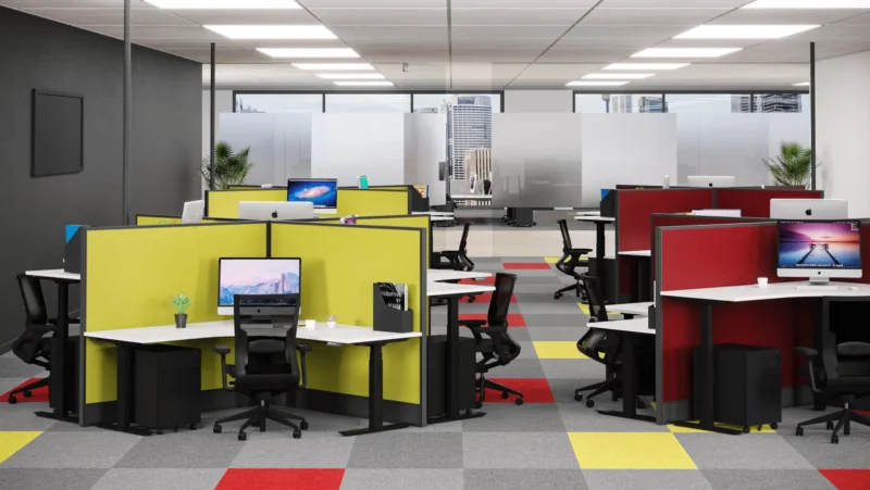 Agile 4 Pod Studio50 Hung Screens Black WHT Balance Chairs 1 copy scaled 1