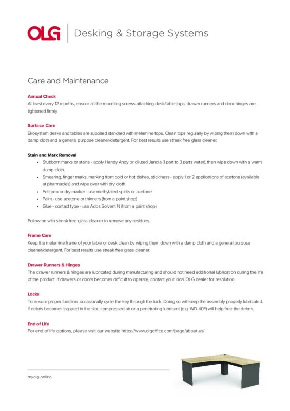 OLG Desking Care Maintenance pdf