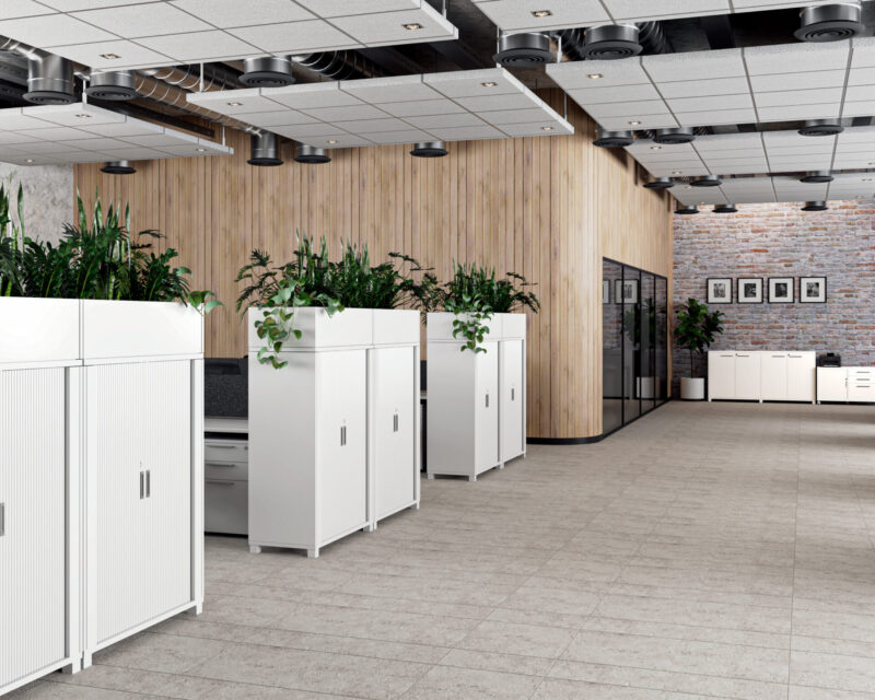 RECEPTION AND STORAGE HERO Axis Tambours with Cupboards and Caddy Mobile 2