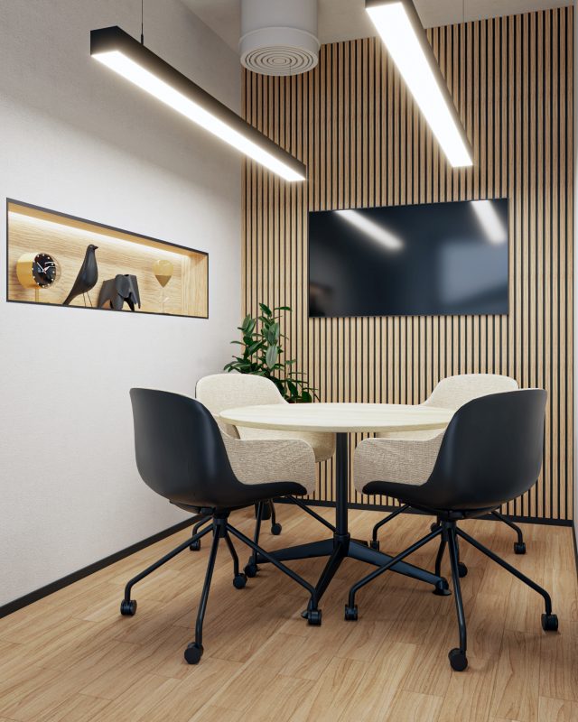 Modulus Allblack Meeting Table with Venice YK Acoustiq Wall Wooden Slats
