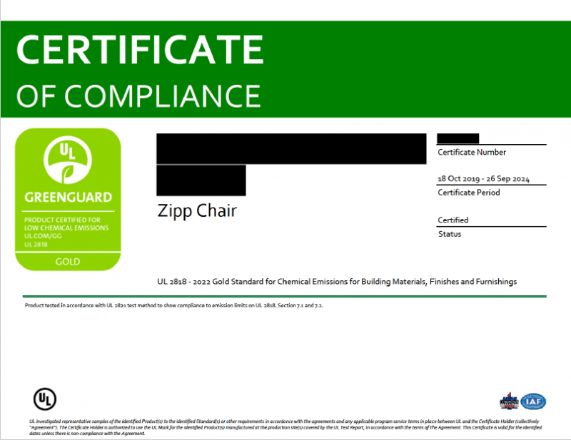 Zipp Chair Greenguard gold certification