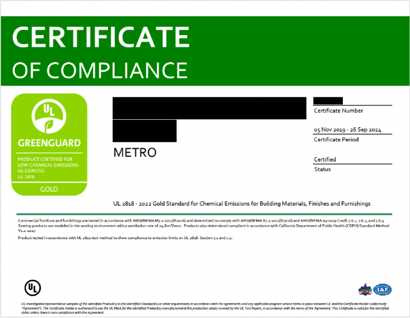 metro chair greencard gold certification