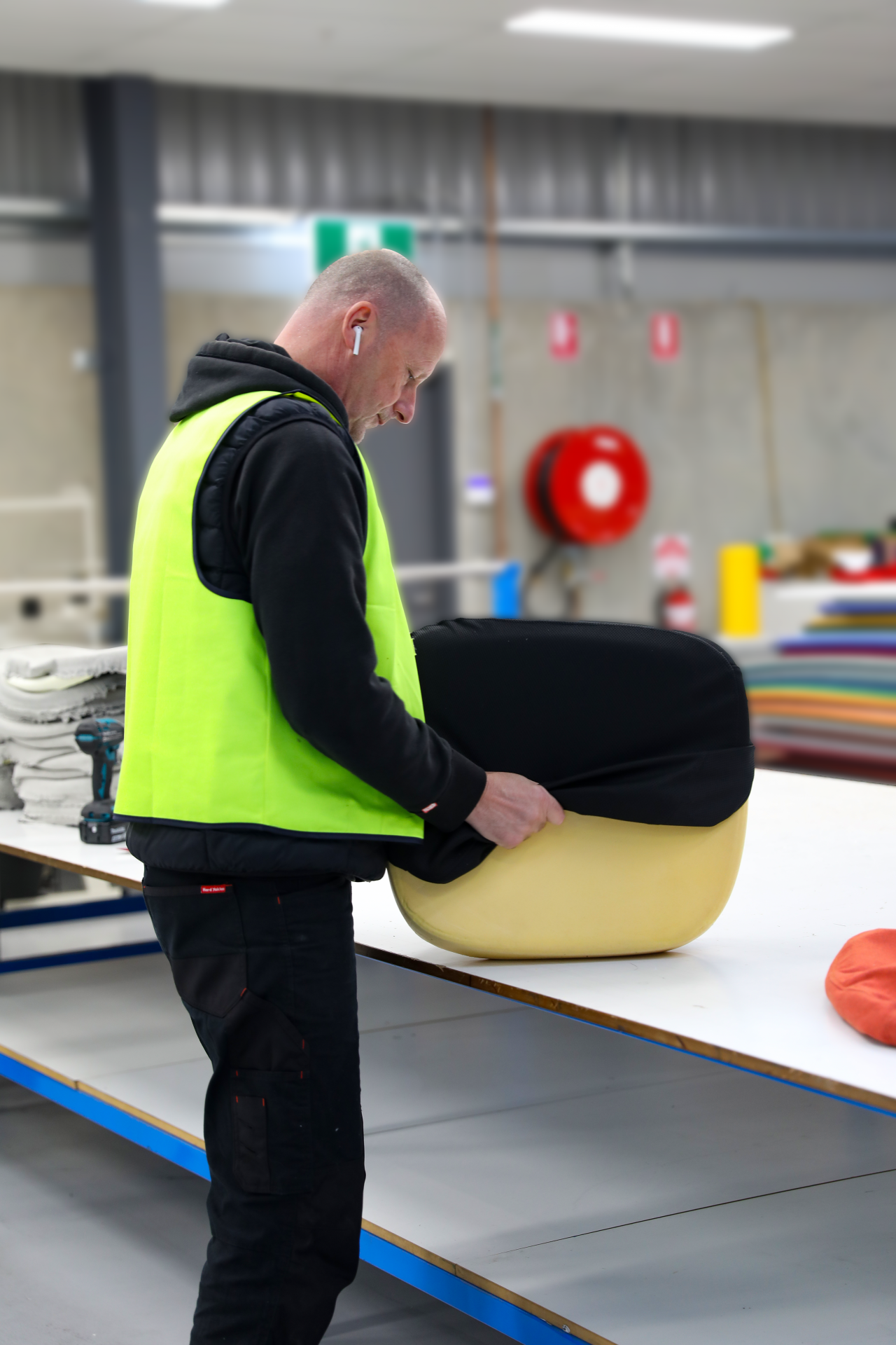 Workshop floor with upholstered sections