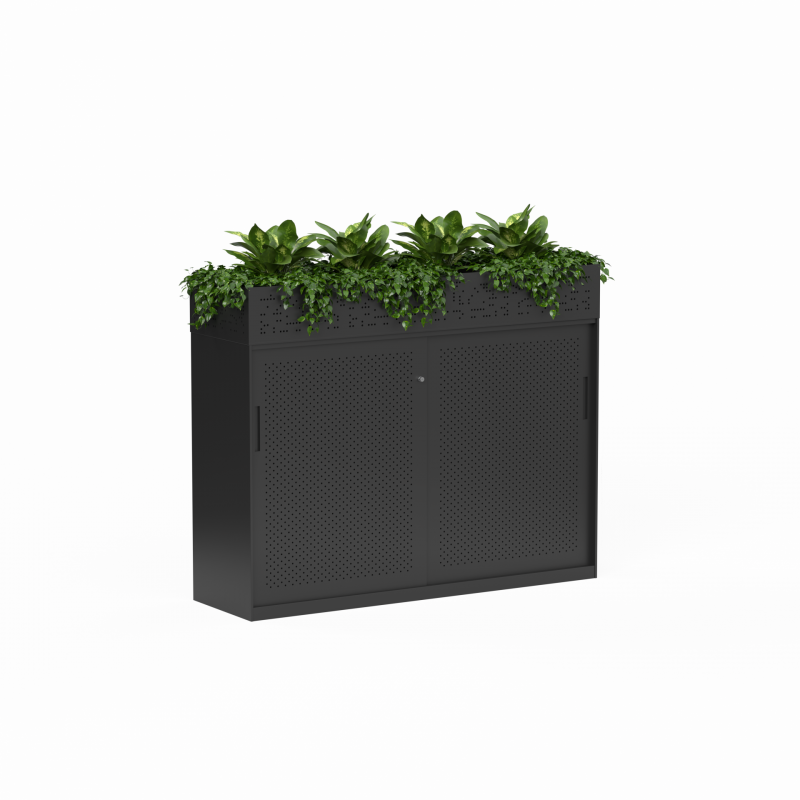 01 Tempo Sliding Door Credenza 1020 x 1530 x 450 with Planters Black