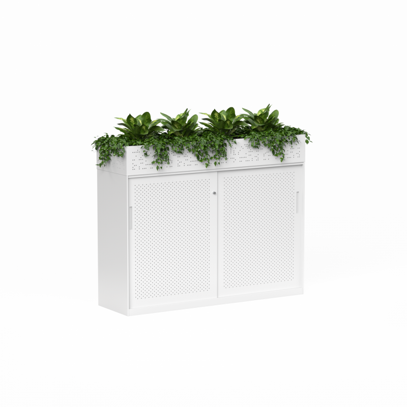 01 Tempo Sliding Door Credenza 1020 x 1530 x 450 with Planters White