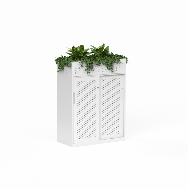 01 Tempo Sliding Door Credenza 1020 x 900 x 450 with Planters White