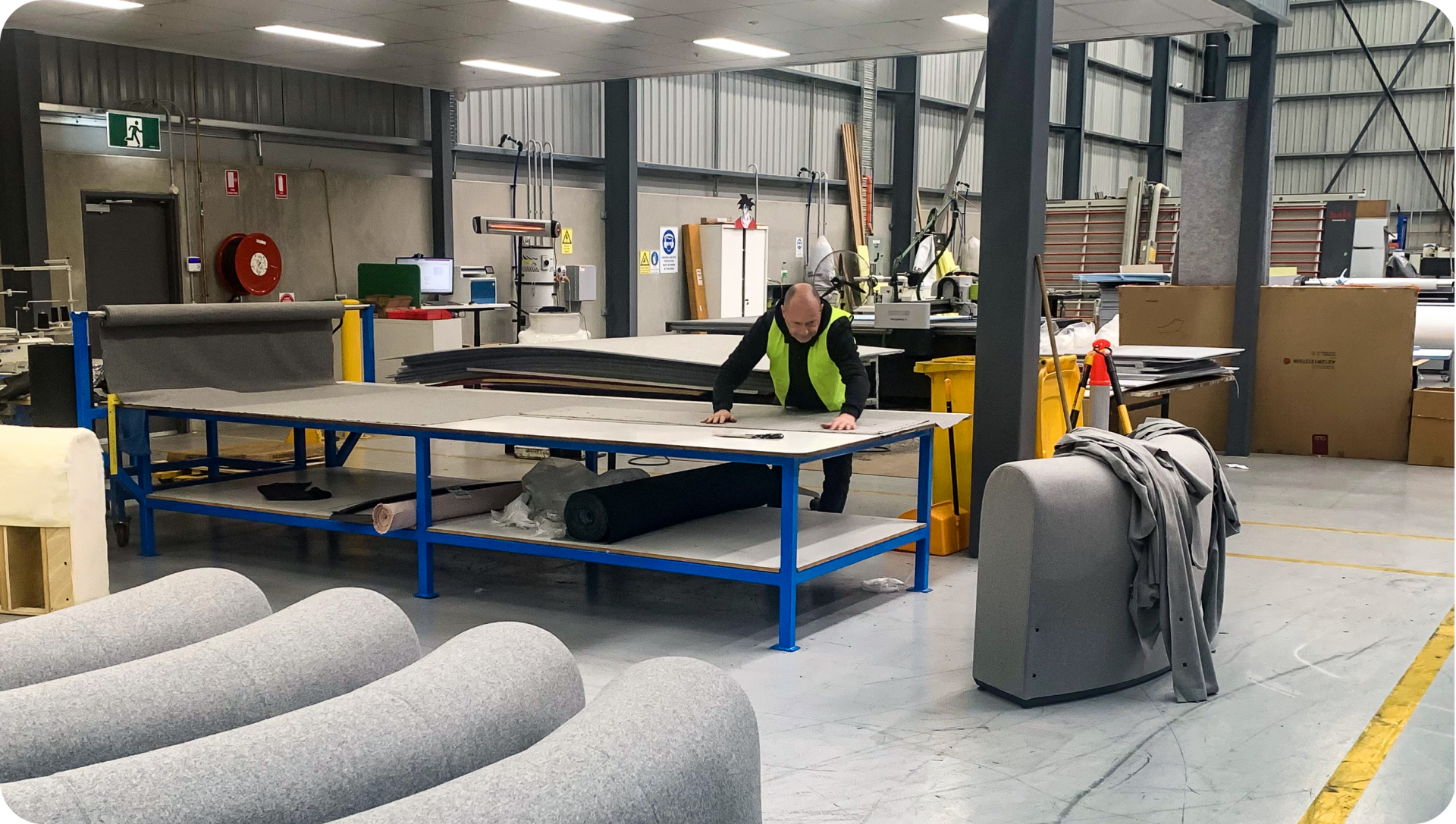 Workshop floor with upholstered sections