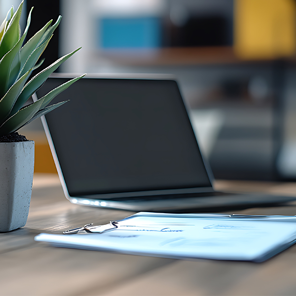 Laptop and documents on a desk